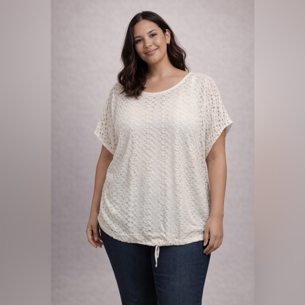 Roz&Ali Bubbleadjustable Hem Crochet White Blouse